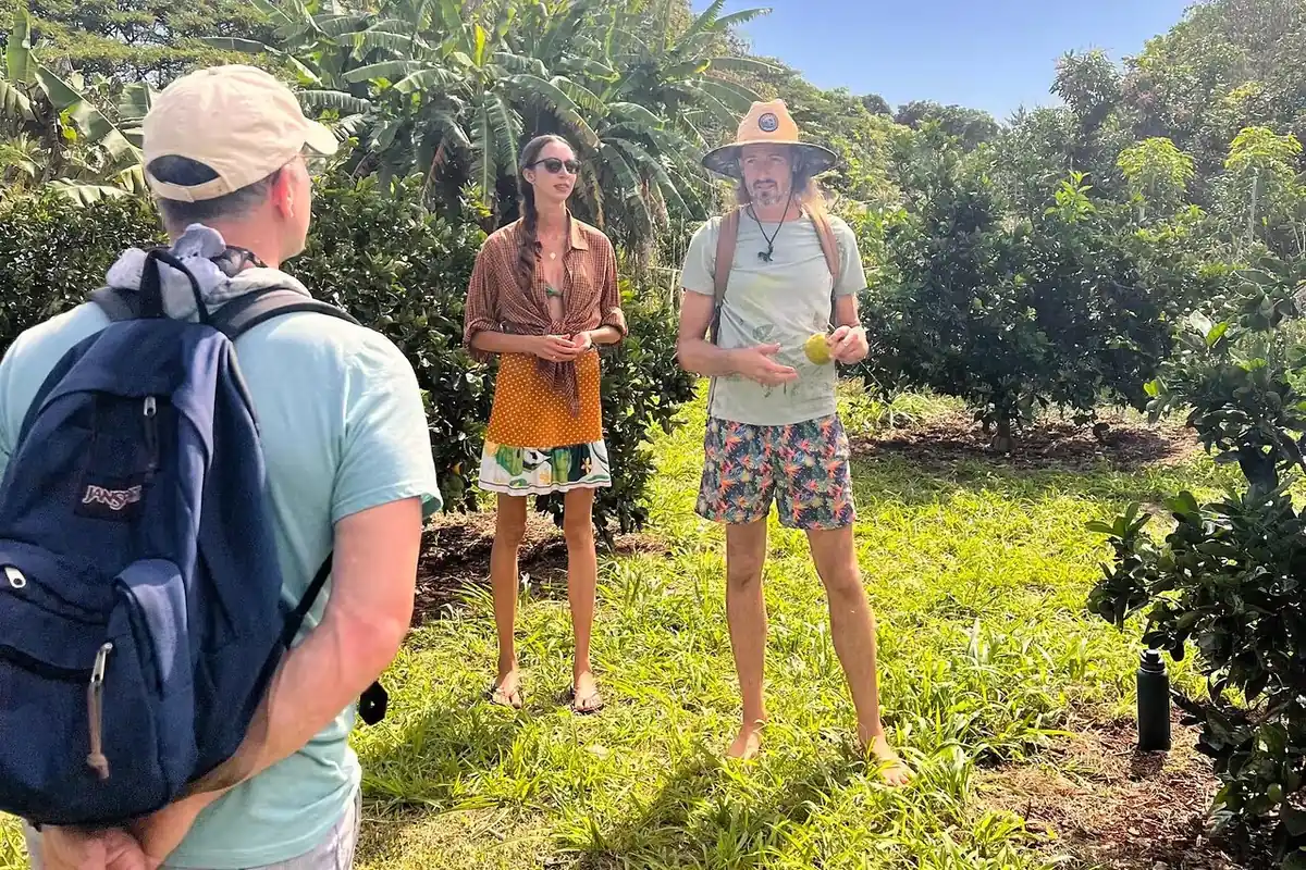 A guide talking to a small group among fruit trees on a grassy organic farm