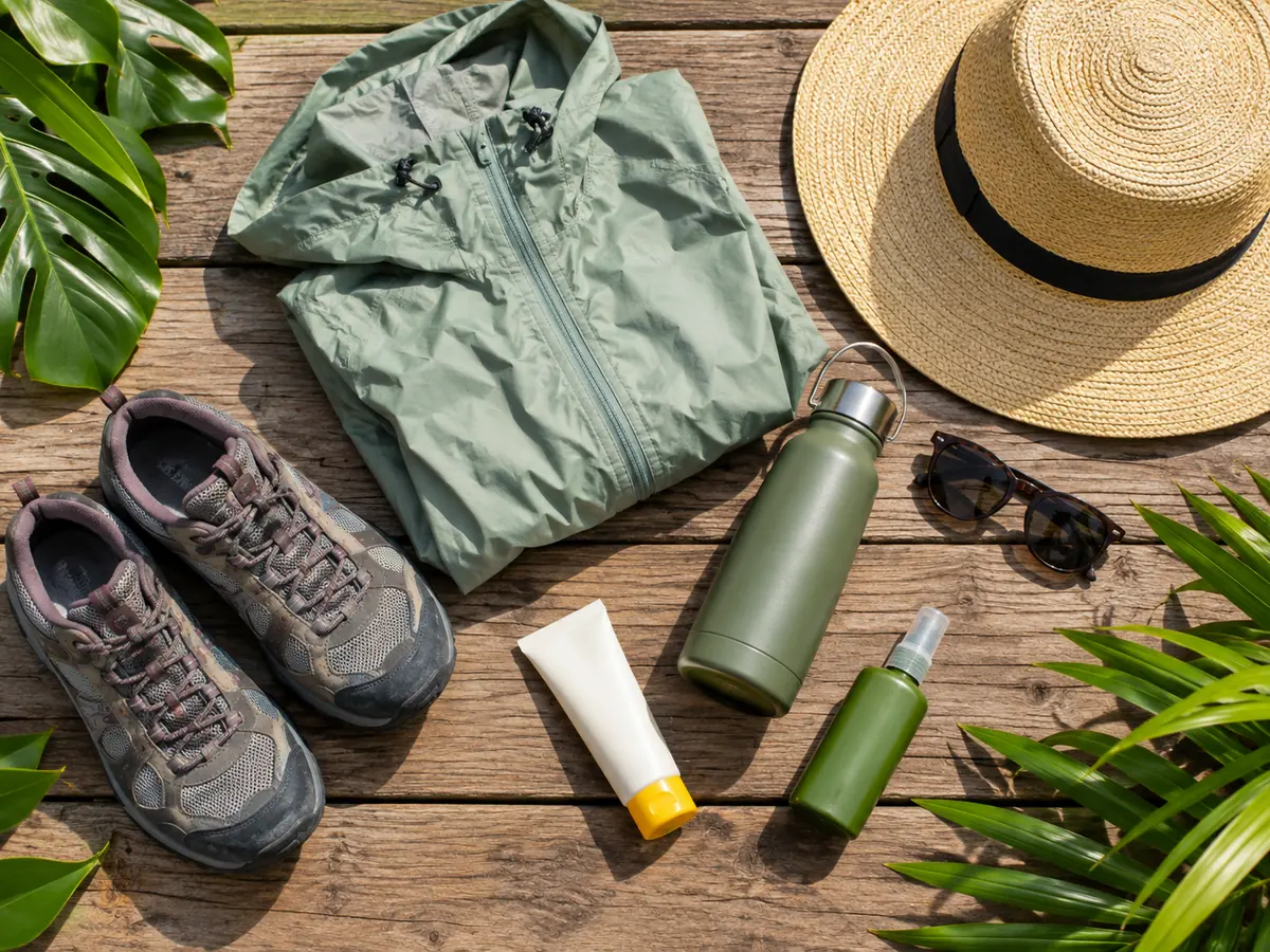 Wanderschuhe, Regenjacke, Wasserflasche, Sonnencreme, Insektenschutz und Sonnenhut auf einer Holzterrasse